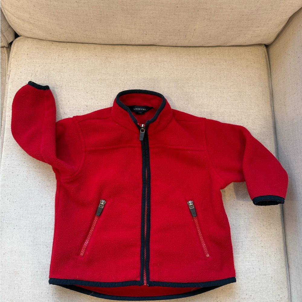 Boys Lands' End Red Zip-Up Fleece with Navy Trim